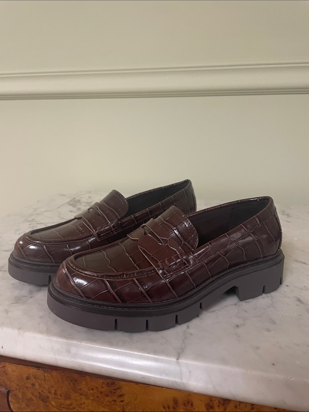 Marc Fisher Croc-Embossed Platform Penny Loafers in Brown - Picture 3 of 9